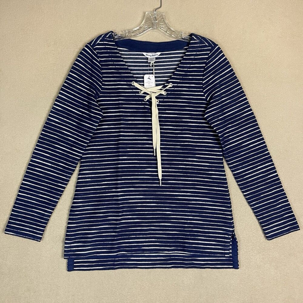 Tommy Bahama Tunic Womens Extra‎ Small Blue Catalina Stripe Lace Up Top XS